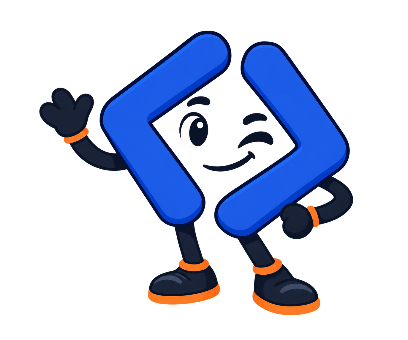 Wink, Codewink’s blue code-bracket mascot, waving.